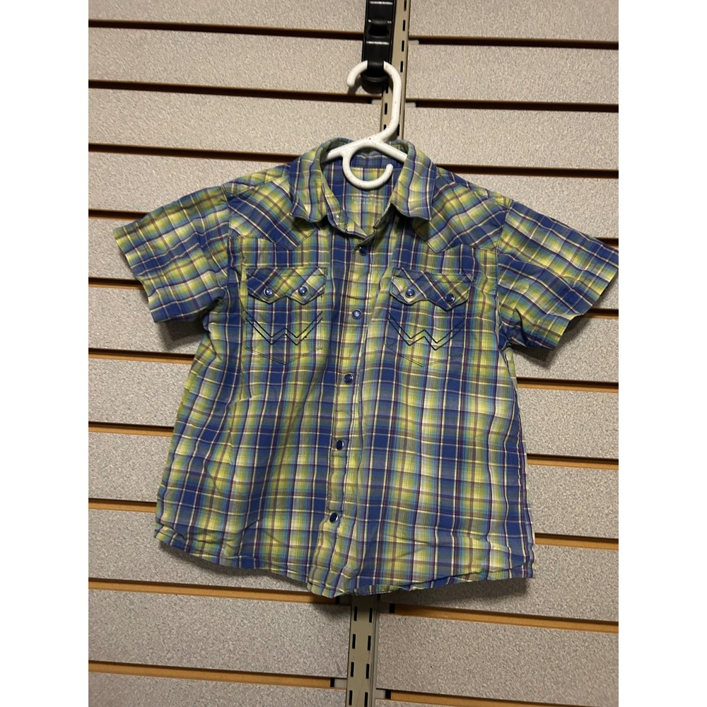 Wrangler Boys 4T Blue Green Plaid Short Sleeve Western Pearl Snap Shirt